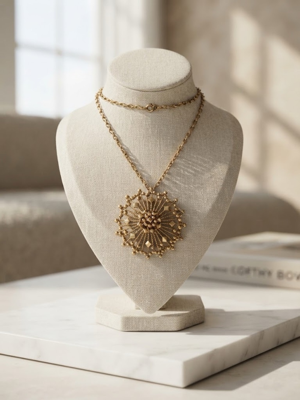 Vintage Signed Monet Starburst Gold-Tone Medallion Pendant Necklace